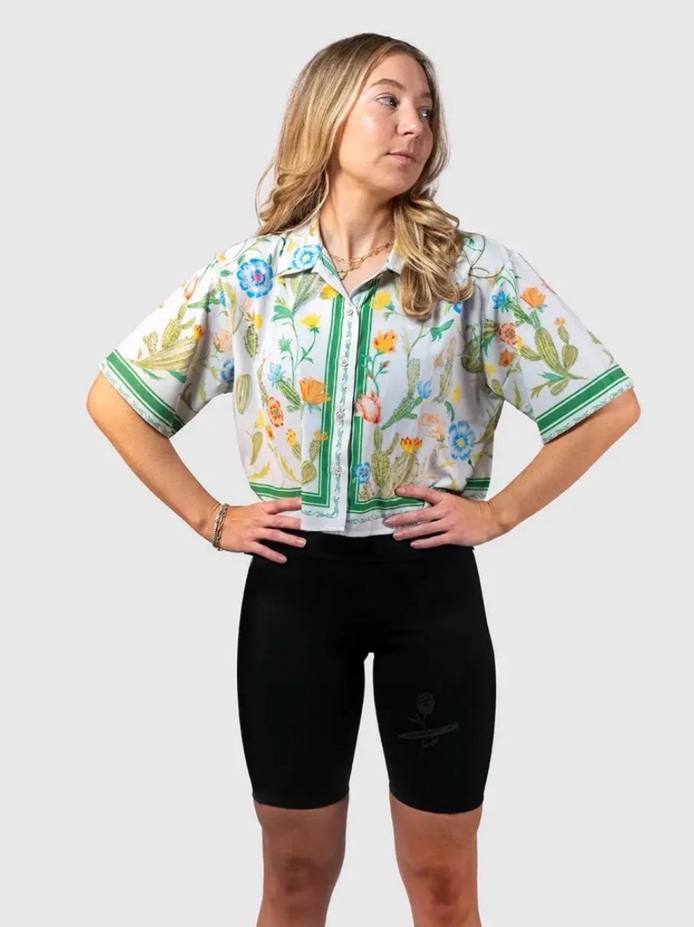 Ostroy Cactus Flower Button-Down Shirt in White & Green
